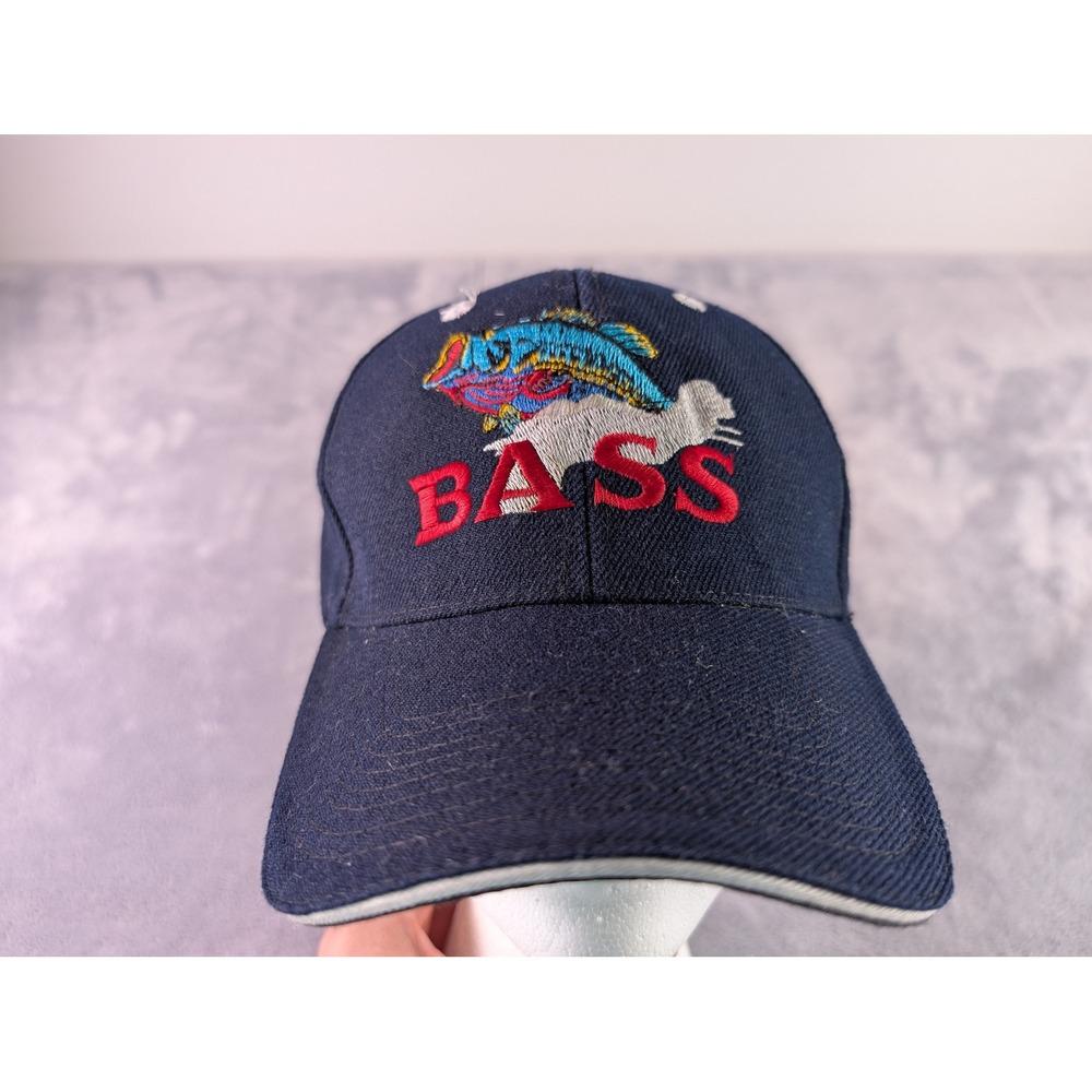 Vintage Bass Fishing Embroidered Navy Blue Baseball Cap Hat Adjustable Strap